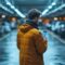 A man in a yellow jacket looking at his phone in a parking garage.