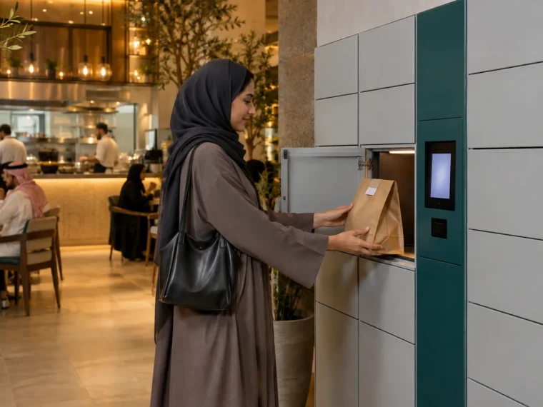 A customer collecting a restaurant order from a smart locker compartment