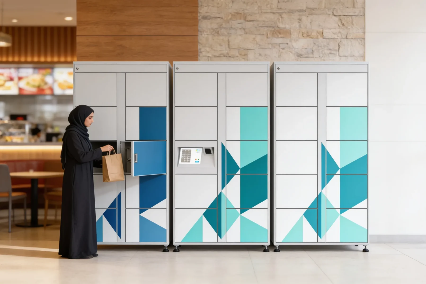 A customer in an abaya collects a takeaway bag from an open smart locker door in a food court pickup area