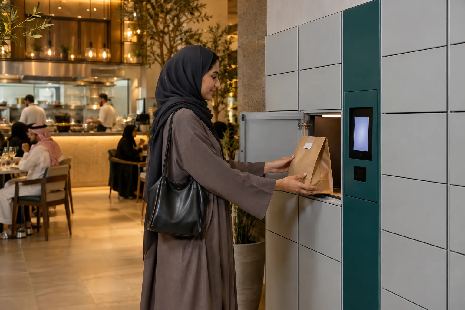 A customer collecting a restaurant order from a smart locker compartment