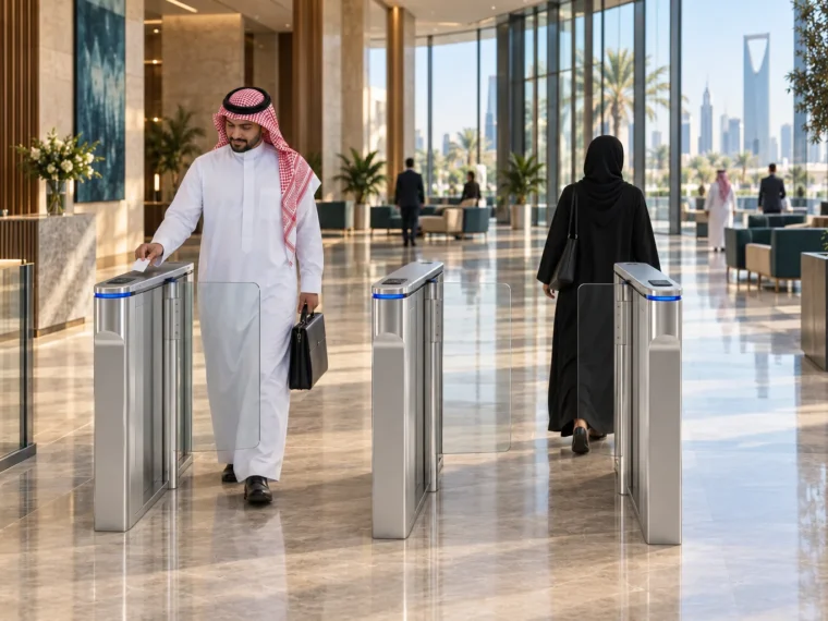 People passing through glass swing speed gates in a modern corporate lobby in Riyadh