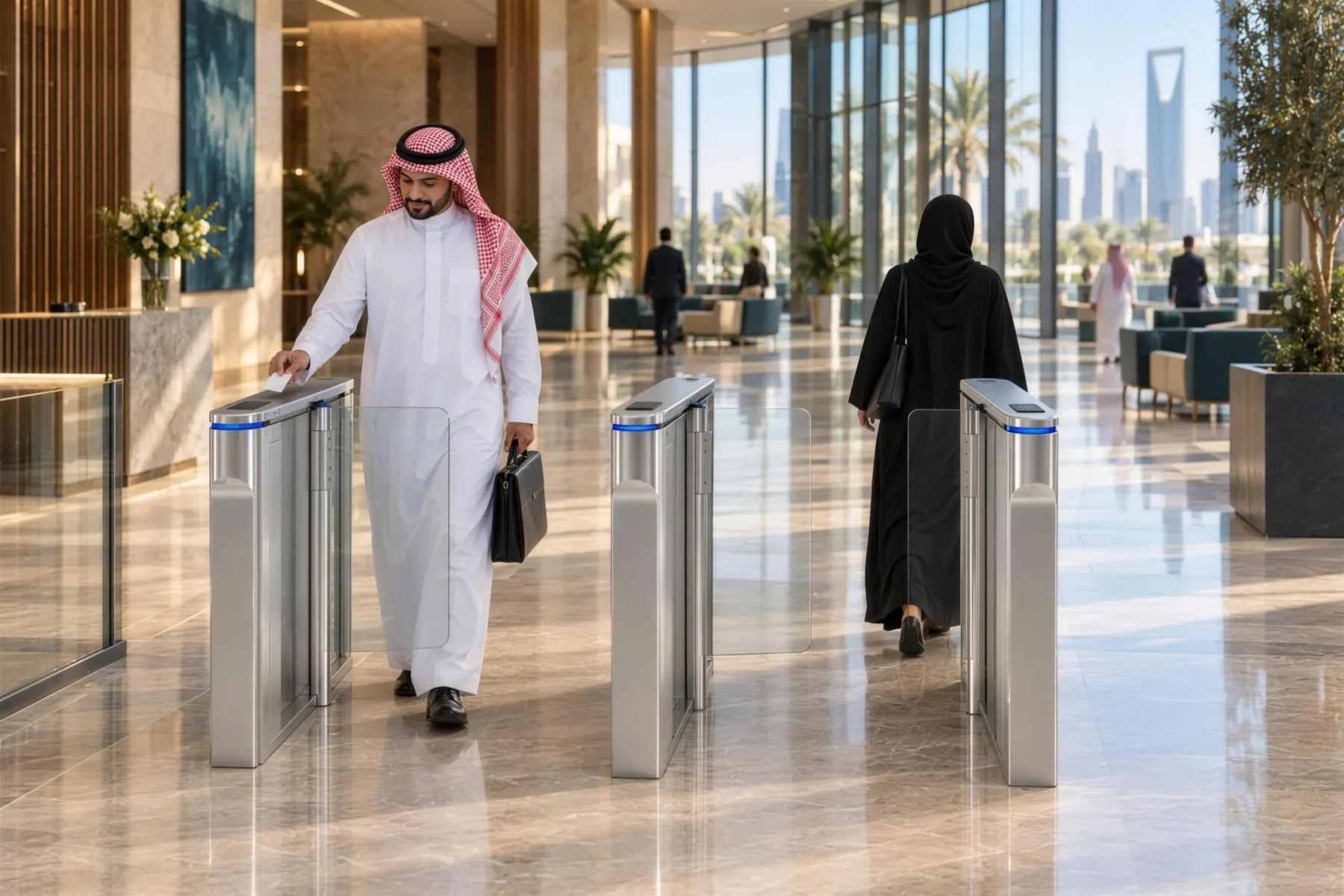 People passing through glass swing speed gates in a modern corporate lobby in Riyadh