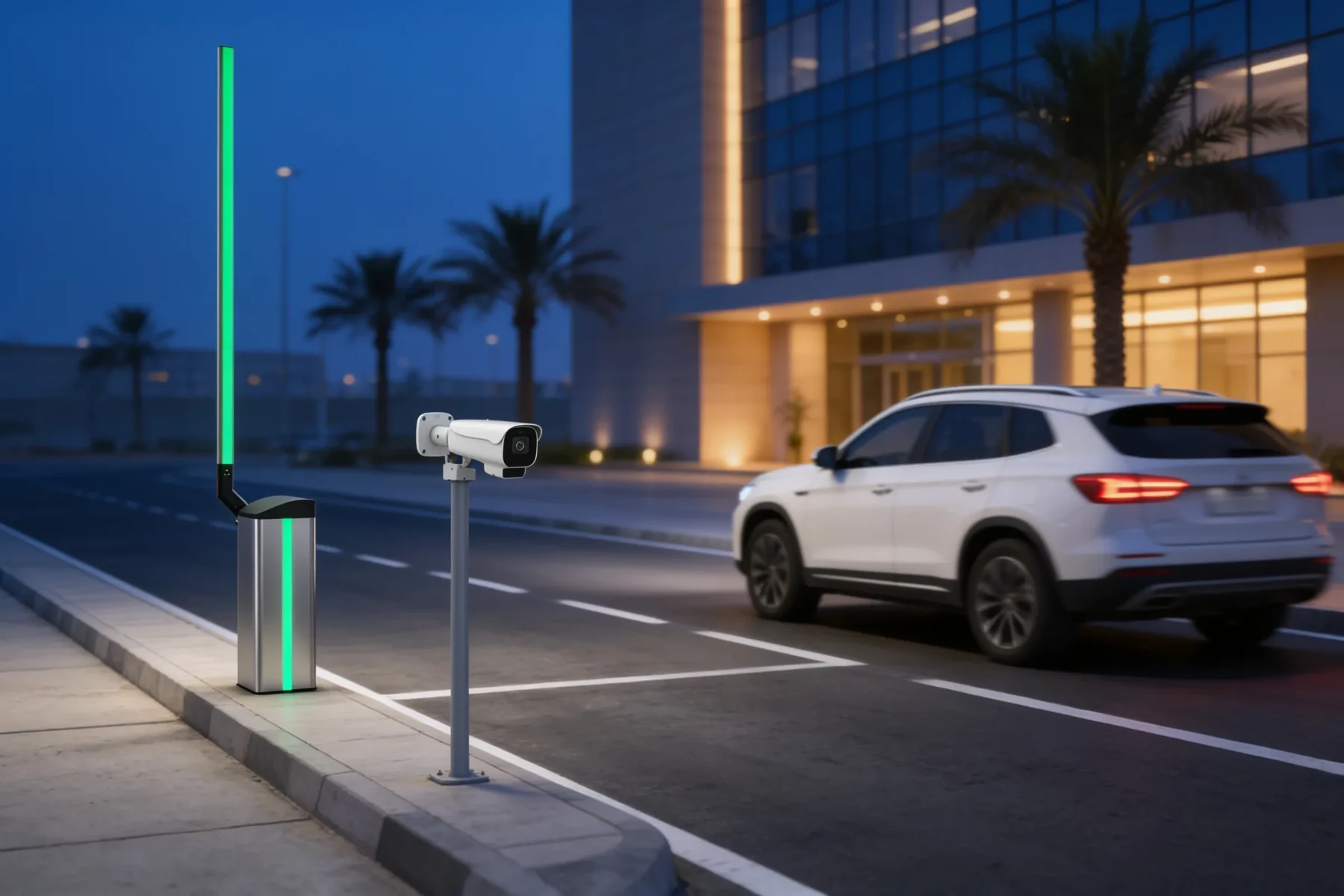 A barrier gate with its boom raised and a green light, and an ANPR camera on a pole, at a car park entrance lane at dusk as a white SUV drives through