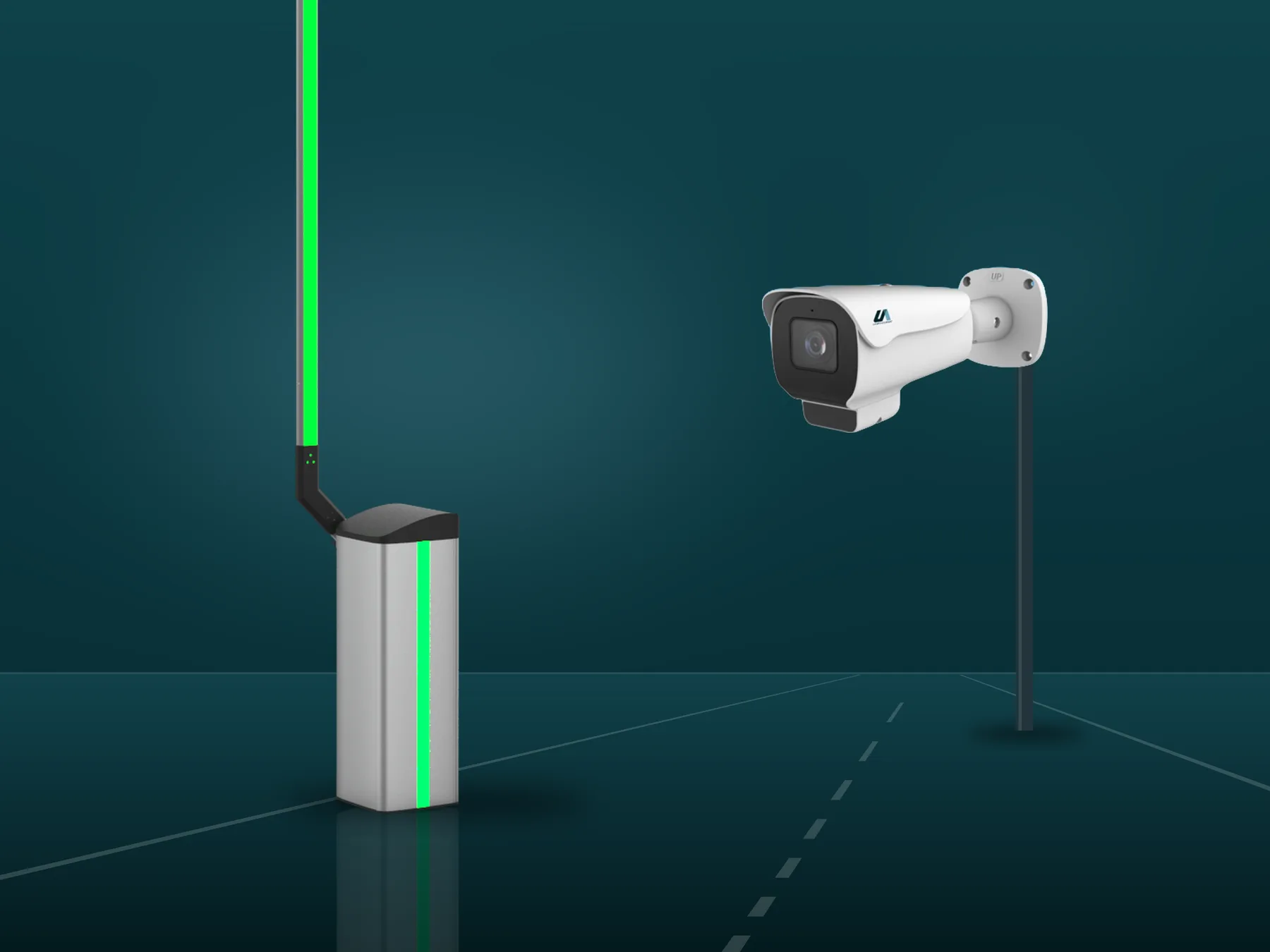 UGate Smart barrier with its boom raised and green status light, beside a UCamera ANPR camera on a pole